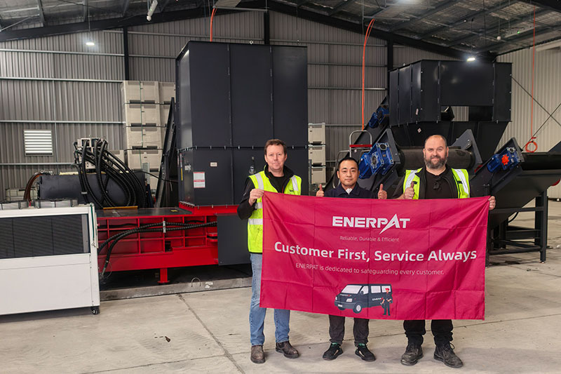 ENERPAT AMB-H2014-250 Metal Scrap Baler & MSB-E1200 Dual Shaft Shredder Installed